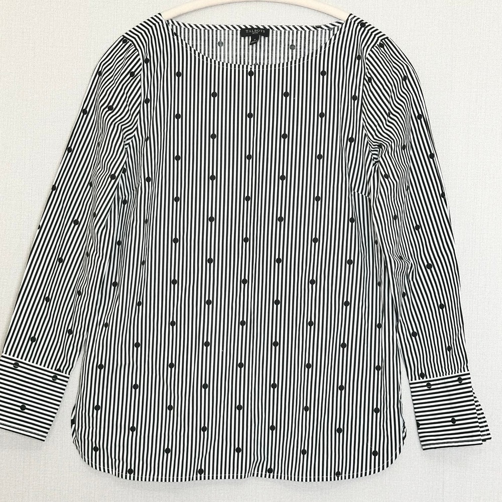 Talbots Petite Blouse Black White Striped Polka Dot‎ Top Cotton Size P/S